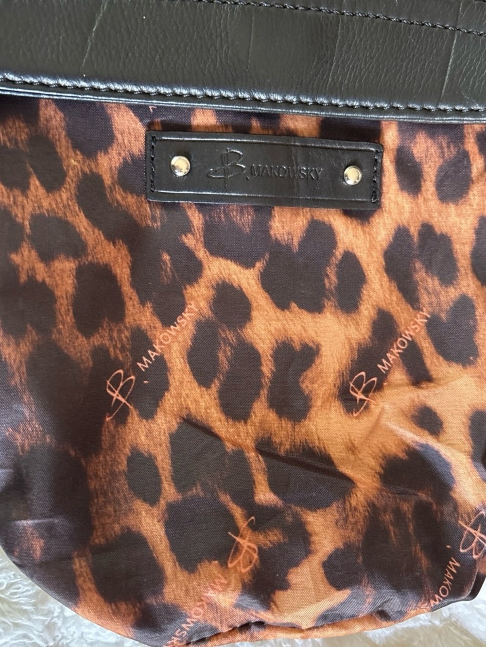 Y2K Black Pebbled Leather Studded Crossbody Bag B. Makowsky Leopard Lining - Picture 6 of 10